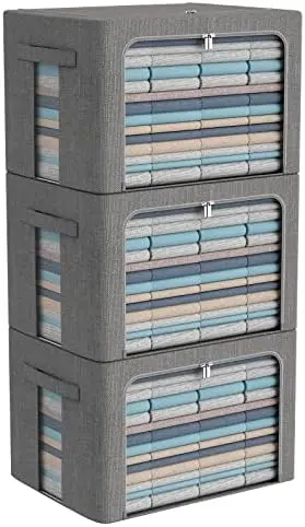 3Pack Foldable Storage Bins - Frame Storage Box Linen Fabric Stackable Clothes Container Organizer with Clear Window & Carry Handles Large Capacity (Large-66L, Dark Gray)