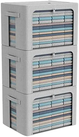 3Pack Foldable Storage Bins - Frame Storage Box Linen Fabric Stackable Clothes Container Organizer with Clear Window & Carry Handles Large Capacity (Large-66L, Light Grey)