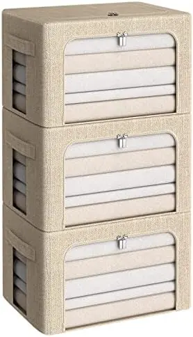 3Pack Foldable Storage Bins - Frame Storage Box Linen Fabric Stackable Clothes Container Organizer with Clear Window & Carry Handles Large Capacity (Medium-36L, Beige)