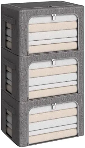 3Pack Foldable Storage Bins - Frame Storage Box Linen Fabric Stackable Clothes Container Organizer with Clear Window & Carry Handles Large Capacity (Medium-36L, Dark Gray)