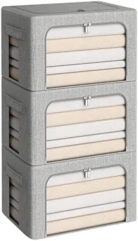 3Pack Foldable Storage Bins - Frame Storage Box Linen Fabric Stackable Clothes Container Organizer with Clear Window & Carry Handles Large Capacity (Medium-36L, Light Grey)
