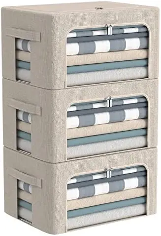 3Pack Foldable Storage Bins - Frame Storage Box Linen Fabric Stackable Clothes Container Organizer with Clear Window & Carry Handles Large Capacity (Small-22L, Beige)