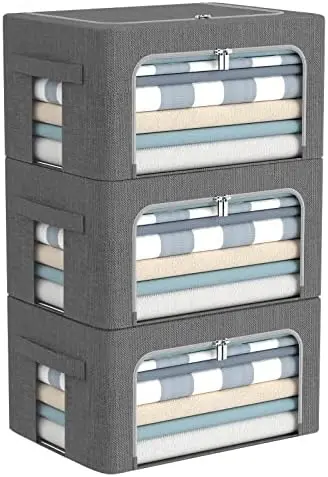 3Pack Foldable Storage Bins - Frame Storage Box Linen Fabric Stackable Clothes Container Organizer with Clear Window & Carry Handles Large Capacity (Small-22L, Dark Gray)