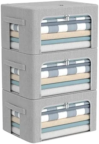 3Pack Foldable Storage Bins - Frame Storage Box Linen Fabric Stackable Clothes Container Organizer with Clear Window & Carry Handles Large Capacity (Small-22L, Light Grey)