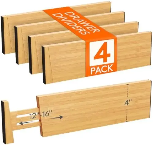 4" High Dresser Drawer Dividers, Adjustable Bamboo Drawer Organizer
