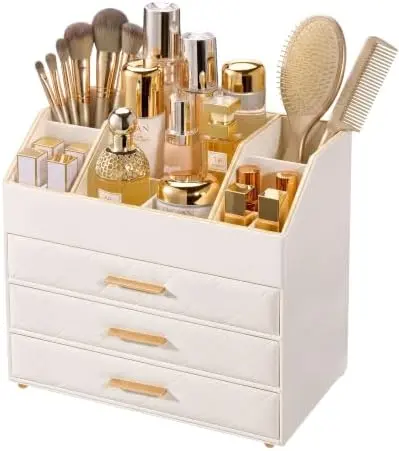 4-Layer PU Leather Makeup Organizer for Cosmetic Vanity -Beige
