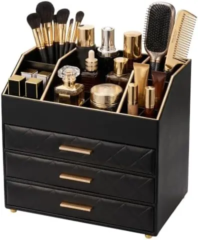 4-Layer PU Leather Makeup Organizer for Cosmetic Vanity -Black
