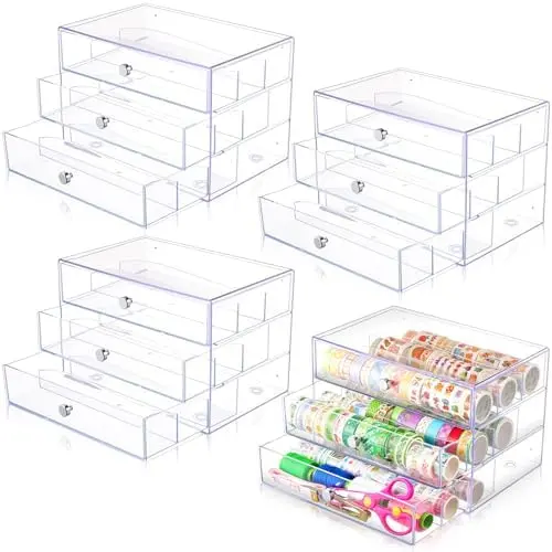 4 Pack 3 Drawer Clear Washi Tape Organizer Acrylic Storage Box