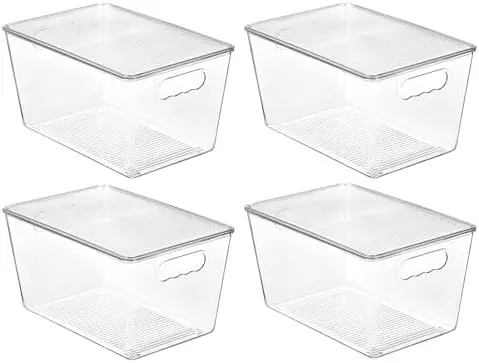 4 Pack Clear Stackable Storage Bins with Lids and Handles, Large