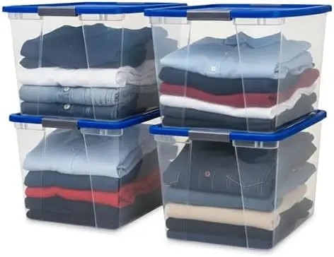 4-Pack Secure Latch, Clear Plastic Storage Organizer Bins, 64 Quart, Blue Lid - Stackable Container Boxes for Bedroom, Bathroom, Garage, and Office Organization