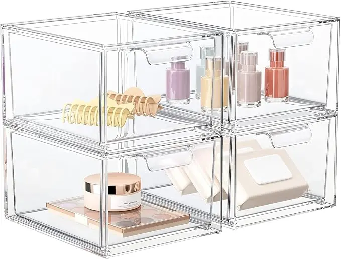 4 Pack Stackable Makeup Organizer and Storage, Acrylic Organizers,Clear Plastic Storage Drawer with Handles for Vanity, Undersink, Kitchen Cabinets, Pantry