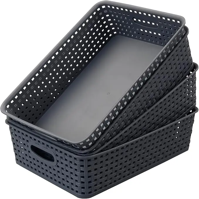 4 Packs Plastic Storage Basket Tray, Shallow Paper Basket, Gray