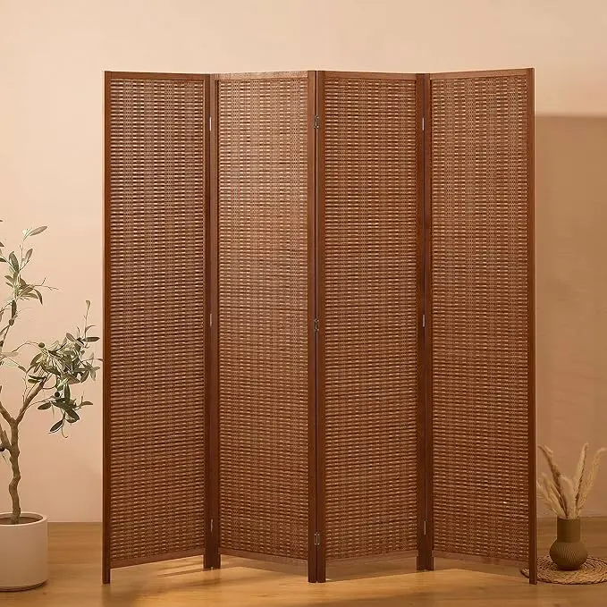 4 Panel Room Divider and Extra Wide Folding Privacy Screen, Bamboo Room Divider