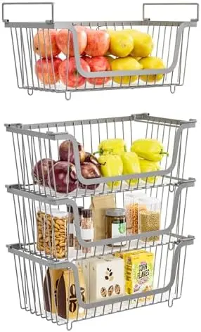 4 Pcs Stackable Wire Baskets for Pantry Organizers and Storage, Gray