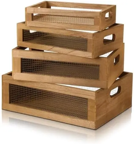 4 Pcs Wooden Nesting Countertop Baskets, Dark Brown, Small