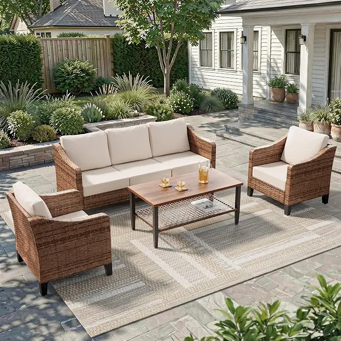 4-Piece Patio Conversation Sets, Outdoor Sectional Sofa 2-Tier Coffee Table