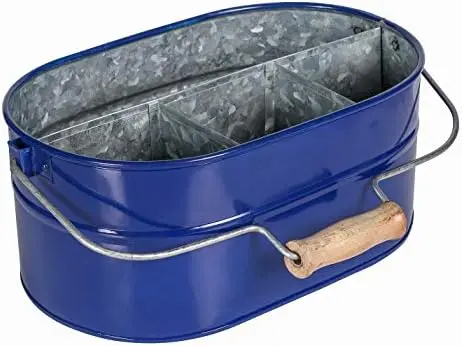 4-Section Galvanized Utensil Caddy, Blue Wooden Handle