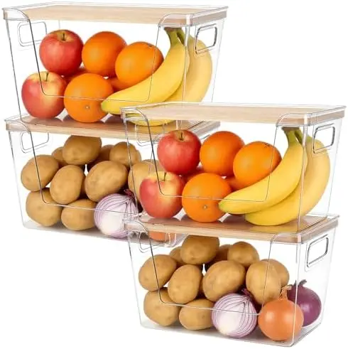 4 Set Potato And Onion Storage Bins with Bamboo Lid, Clear