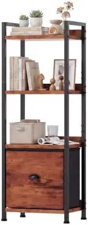 4 Tier Bookshelf with Drawer, Narrow Freestanding Open Bookcase