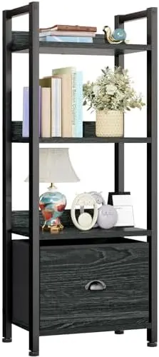 4 Tier Bookshelf with Drawer, Small Narrow Bookcase, Black Oak