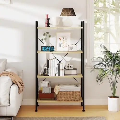 4 Tier Industrial Bookshelf, Storage Organizer,Natural Oak