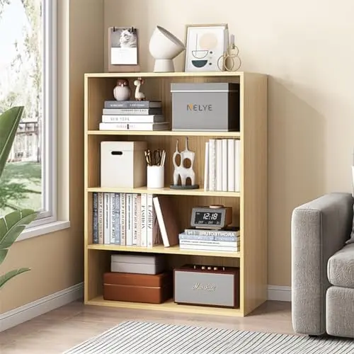 4 Tier Open Shelf Bookcase, 23.62" x 9.53" x 41.81" in, Oak