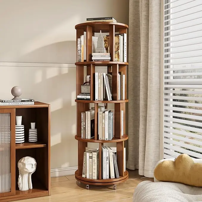 4-Tier Solid Wood Rotating Bookshelf on Wheels, 360° Spinning Book Shelf Tower
