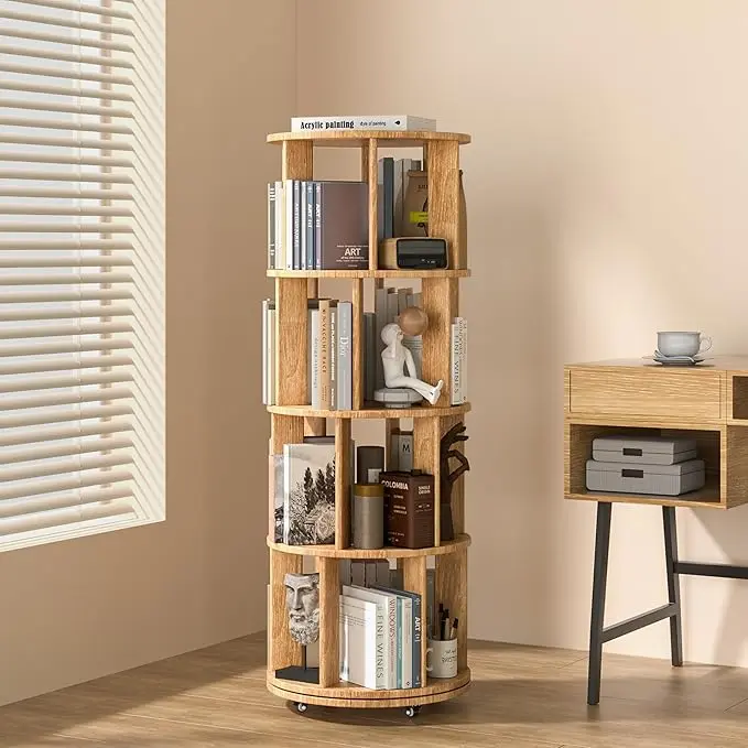 4-Tier Solid Wood Rotating Bookshelf on Wheels, 360° Spinning Book Shelf Tower