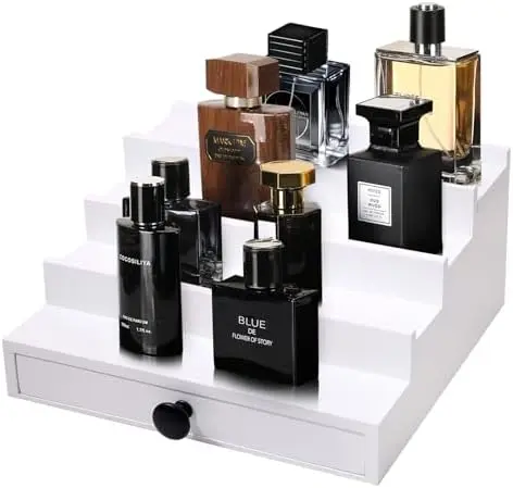 4 Tier White Cologne Organizer, Wooden Display Stand with Drawer Storage