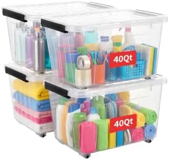 40Qt Plastic Storage Bin with Wheels, Stackable Storage Box with Lid, Organizer, Container for Home, Office, Drom, PP, BPA-Free, Nestable, Clear, 40Quart-4 Pack