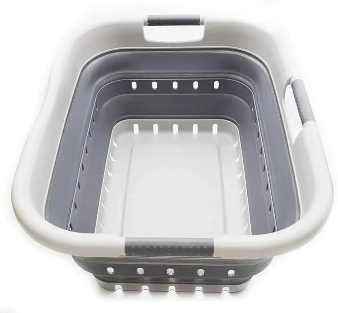 41L Collapsible 3 Handled Plastic Laundry Basket - Foldable Pop Up Storage Container/Organizer - Portable Basket - Space Saving Hamper/Basket (3 handled rectangular, Grey/Dark Grey)