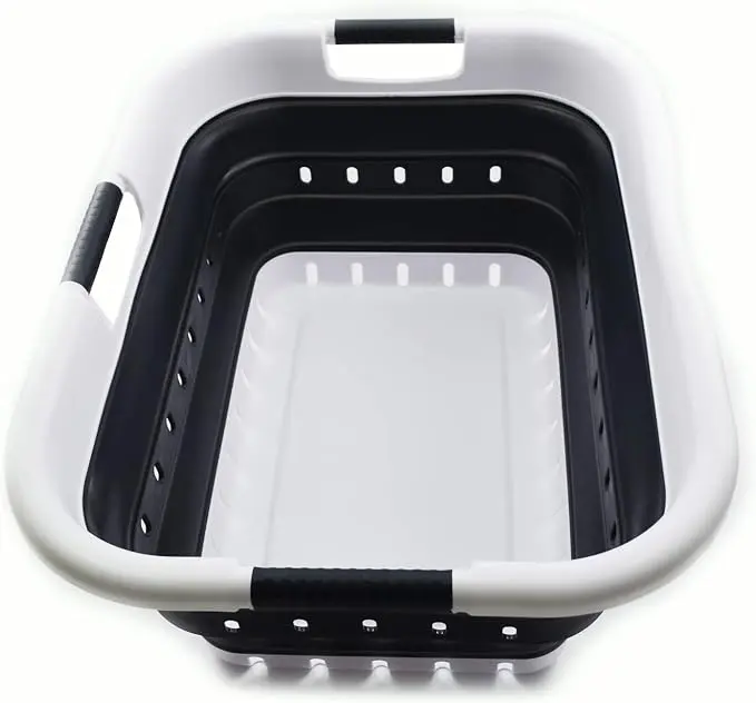 41L Collapsible 3 Handled Plastic Laundry Basket - Foldable Pop Up Storage Container/Organizer - Portable Basket - Space Saving Hamper/Basket (3 handled rectangular, White/Black)