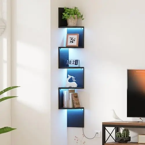 49" Corner Wall Shelf with LED, 5-Tier Floating Bookshelf, Black