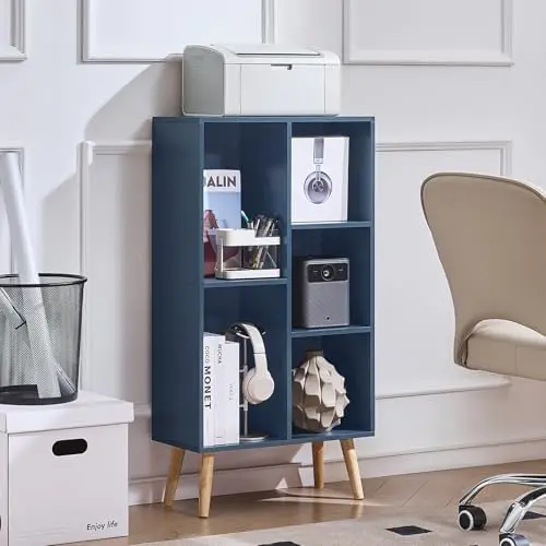 5 Cube Bookshelf,Mid-Century Modern Book Shelf with Legs,Dark Blue