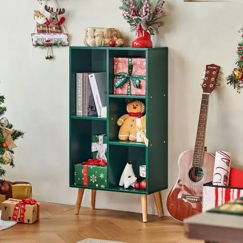 5 Cube Bookshelf,Mid-Century Modern Bookcase with Legs,Dark Green