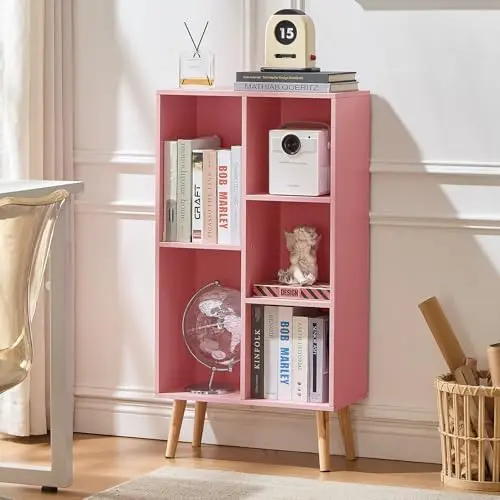 5 Cube Bookshelf,Mid-Century Modern Bookcase with Legs,Light Pink