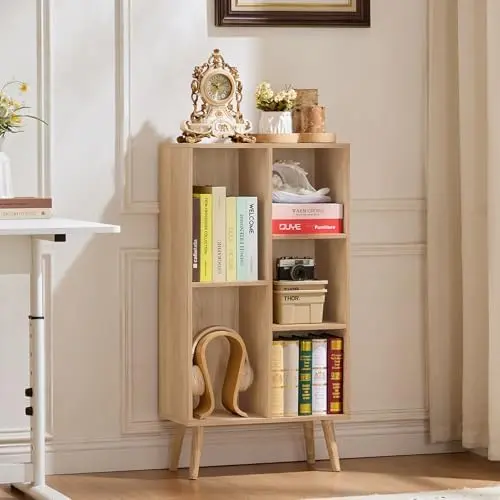 5 Cube Bookshelf,Mid-Century Modern Bookcase with Legs,Light Wood