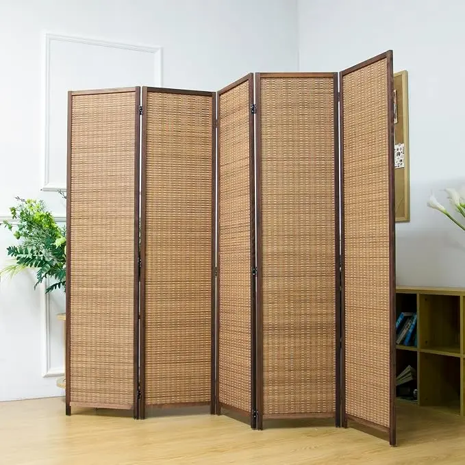 5 Panel Bamboo Room Divider Screen, 5.6 FT Tall Bamboo Divider Folding Privacy