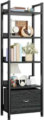5 Tier Bookshelf with Drawer, Tall Narrow Bookcase, Black Oak