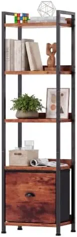 5 Tier Bookshelf with Fabric Drawer, Tall Narrow Bookcase with Shelf