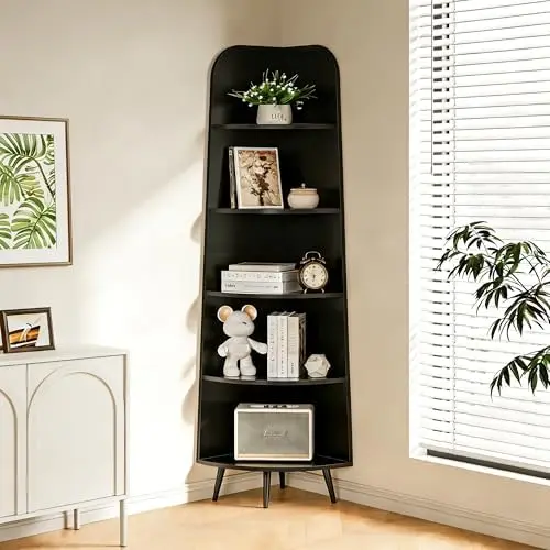 5-Tier Curved Corner Shelf, 66.93" Tall Display Rack, Black