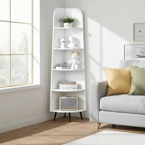 5-Tier Curved Corner Shelf, 66.93" Tall Display Rack, White
