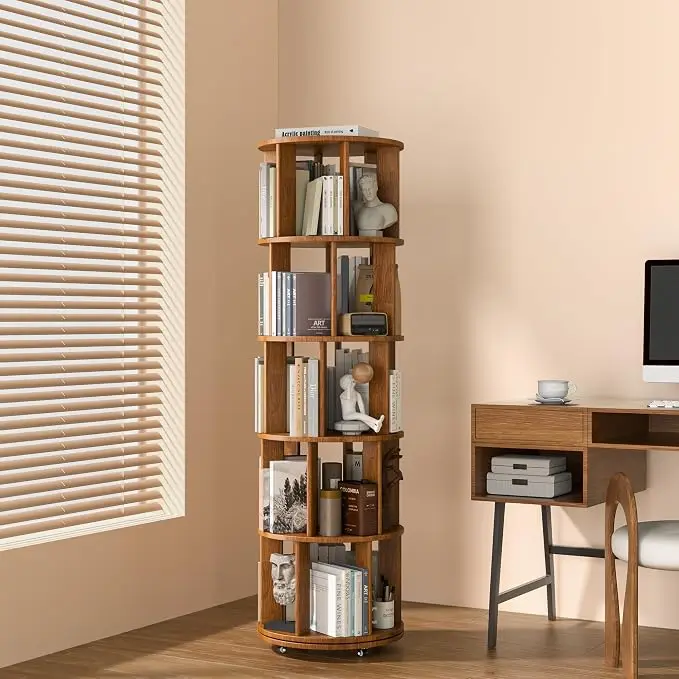 5-Tier Solid Wood Rotating Bookshelf on Wheels, 360° Spinning Book Shelf Tower