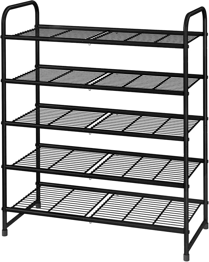 5-Tier Stackable Shoe Rack, Expandable & Adjustable Shoe Organizer Storage Shelf, Wire Grid, Black
