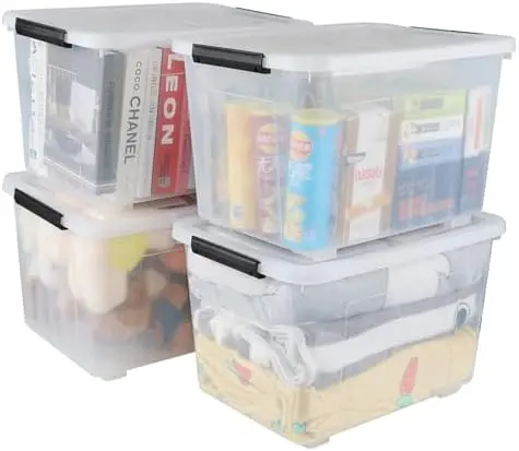 50 Quart Latching Box, 4 Packs Plastic Lidded Storage Bin