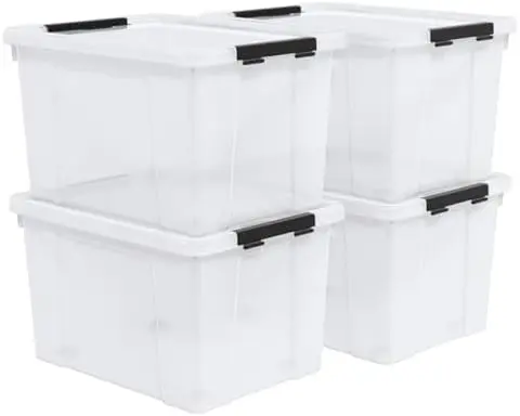 50 Quart Stackable Clear Plastic Storage Box with Wheels, 4-Pack