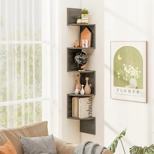 50''H Corner Shelf Wall Mount, 5-Tier Wooden Storage Organizer