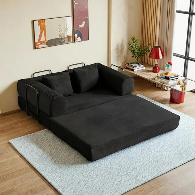 59in Convertible Sofa Bed, Corduroy Boneless Couch Bed, Futon Sleeper Sofa Pull