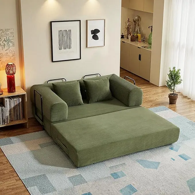 59in Convertible Sofa Bed, Corduroy Boneless Couch Bed, Futon Sleeper Sofa Pull