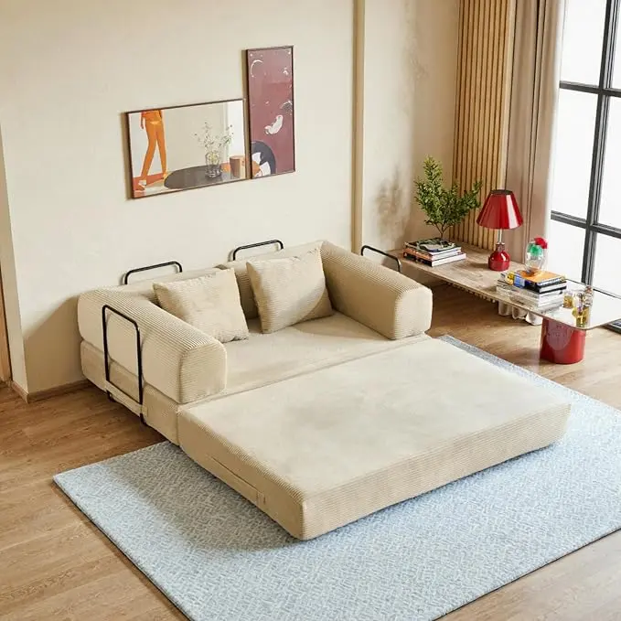 59in Convertible Sofa Bed, Corduroy Boneless Couch Bed, Futon Sleeper Sofa Pull